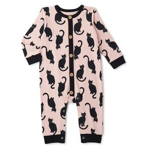 Celebrate Halloween Baby Outfit SZ 0-3 Months Coverall Light Pink Black Cats